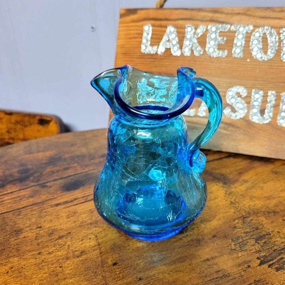 Rare Vintage Blue crackle Glass Pitcher Kanawha